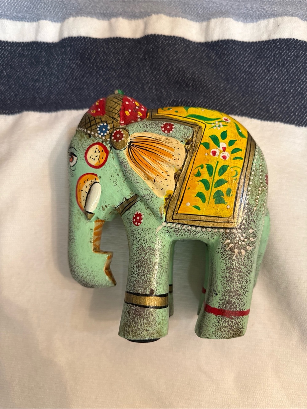 Hand-Painted Decorative Elephant Figurine - Mint & Yellow